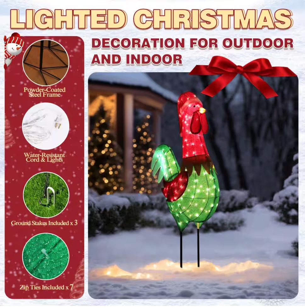 Christmas Clearance 💥6 ft. 3D Rooster Outdoor Christmas Holiday Yard Decoration Warm White Light