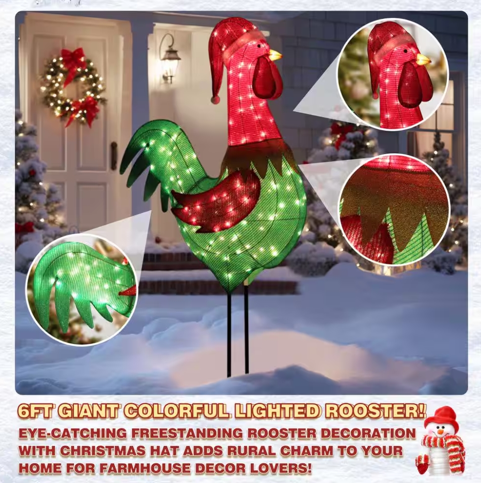 Christmas Clearance 💥6 ft. 3D Rooster Outdoor Christmas Holiday Yard Decoration Warm White Light