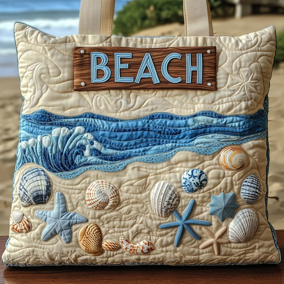 Beach Waves & Seashells Quilted Tote Bag