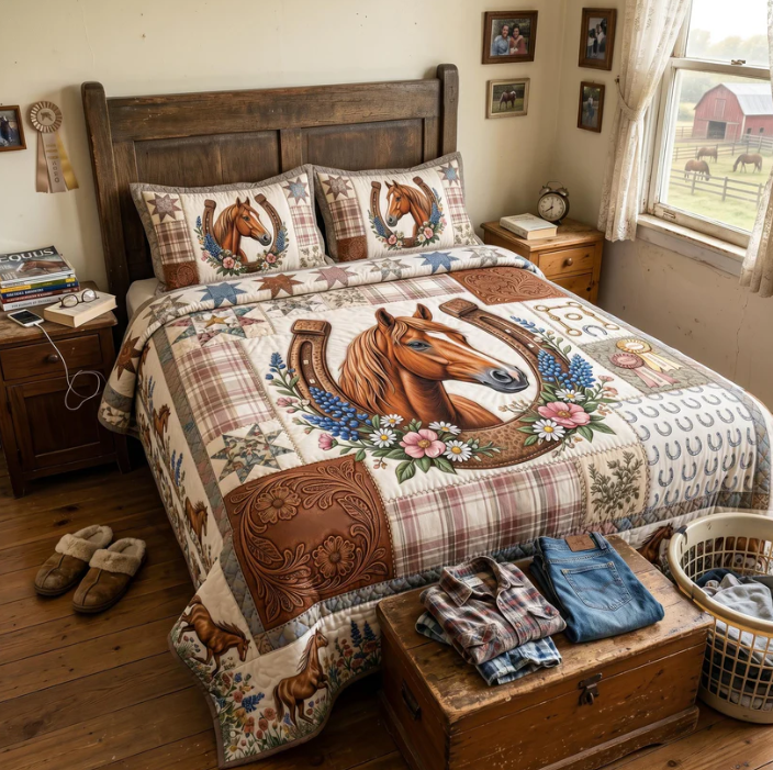 Western Horse Horseshoe 3-Piece Quilted Bedding Set