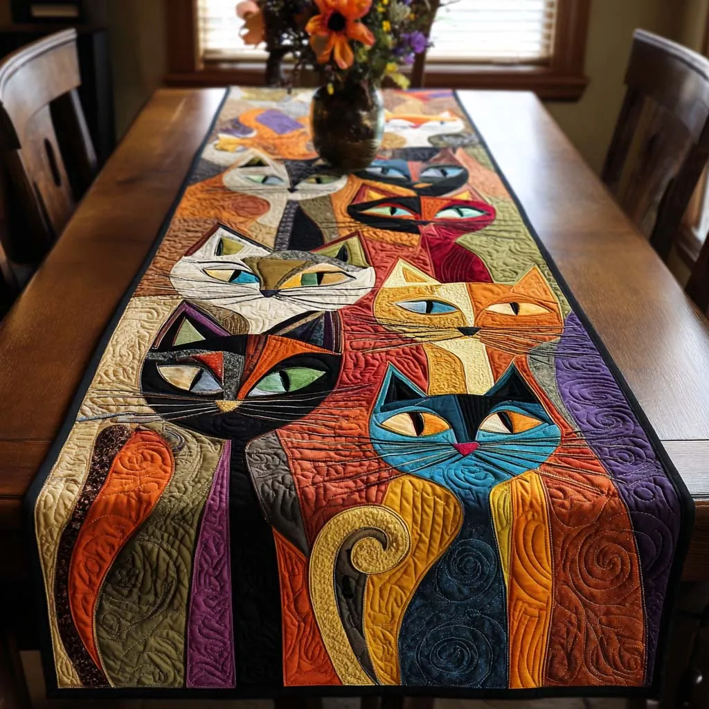 Autumn Whimsy Cats Quilted Table Runner 🐱🍂✨
