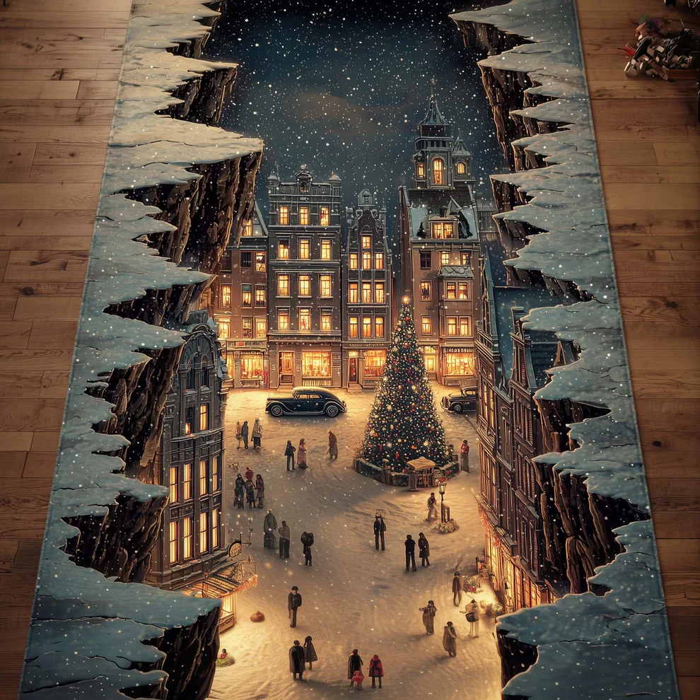 Enchanting Christmas Town Runner Rug with Snow-Covered Cottages & Sparkling Snowfall Pattern | Christmas Town
