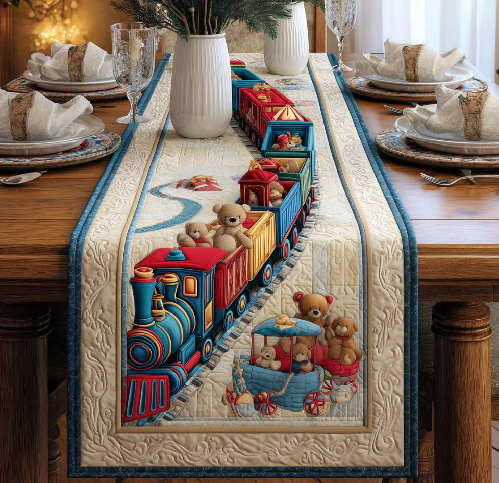 Cute Toy Train & Teddy Bear Pattern Handcrafted Quilted Table Runner |  Train