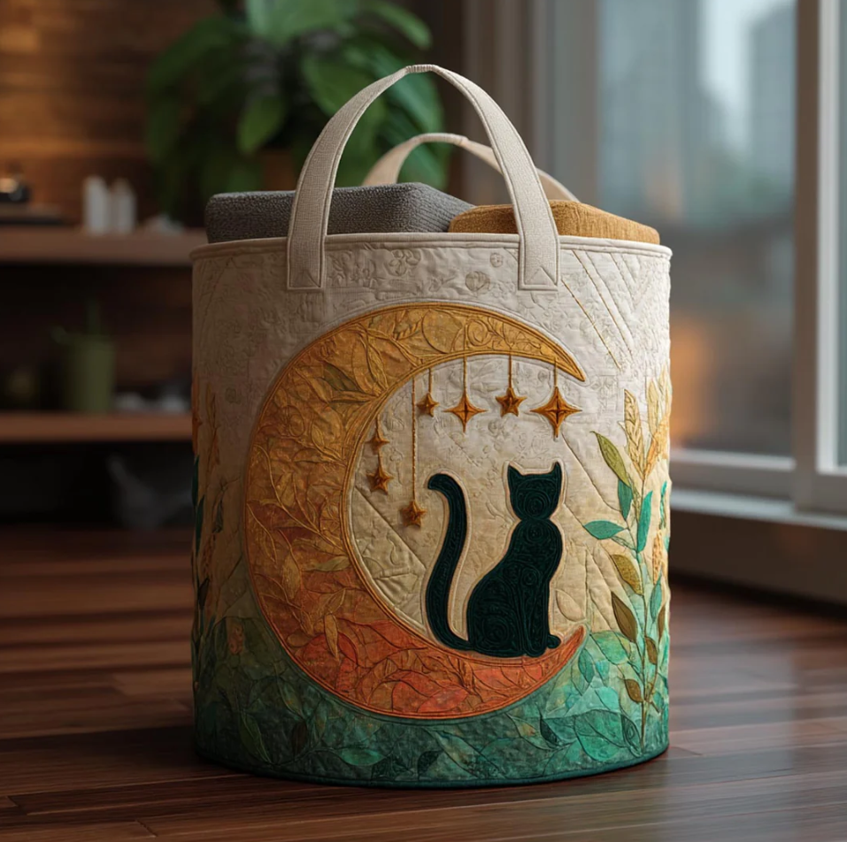 Artistic Black Cat Pattern Quilted Laundry Basket Eco-Friendly Machine Washable Storage Organizer for Home Cat Lover Room Decor | Cat
