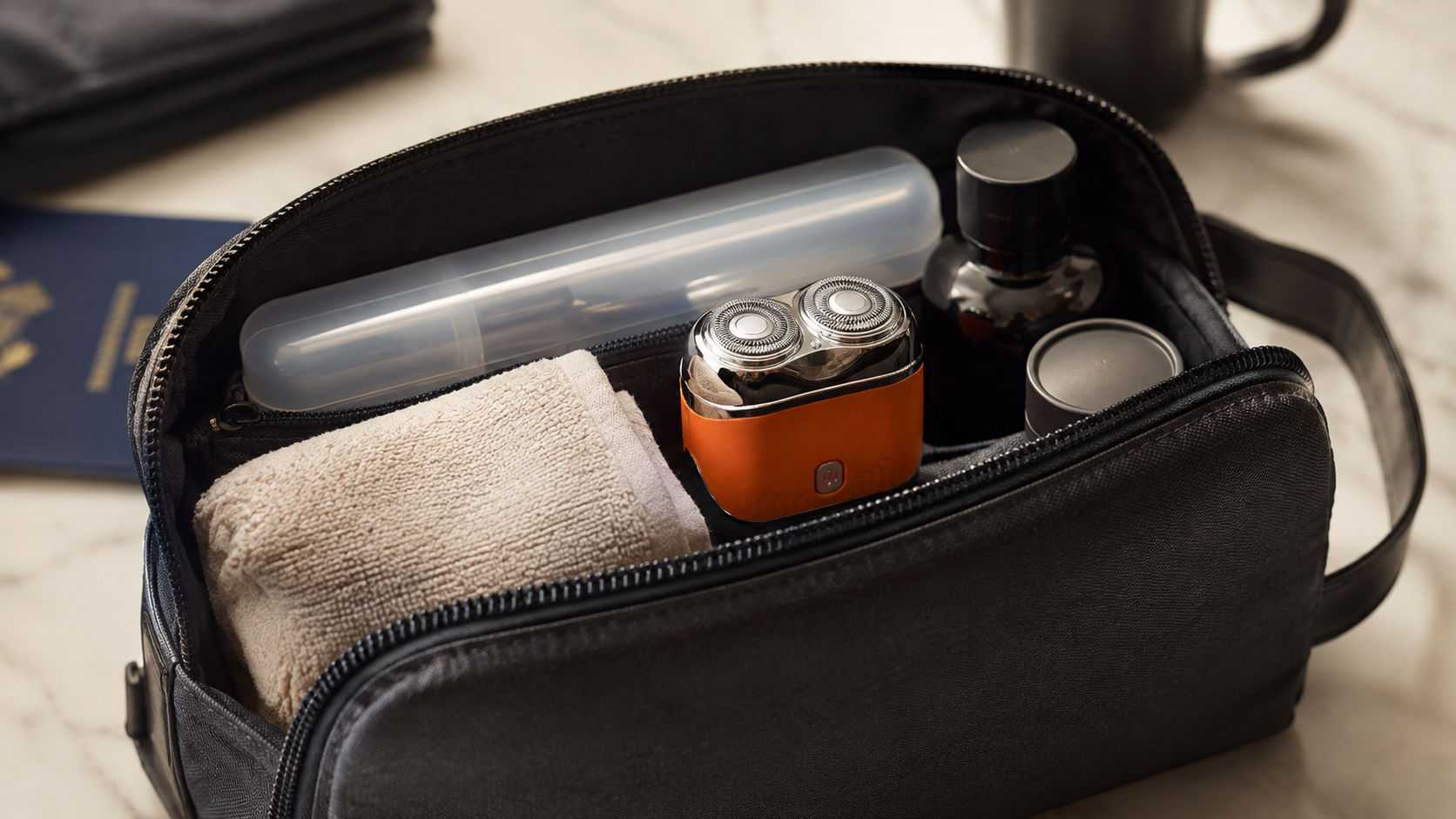 Suggested image: lifestyle photo of the pocket shaver placed in a toiletry bag for travel or commuting