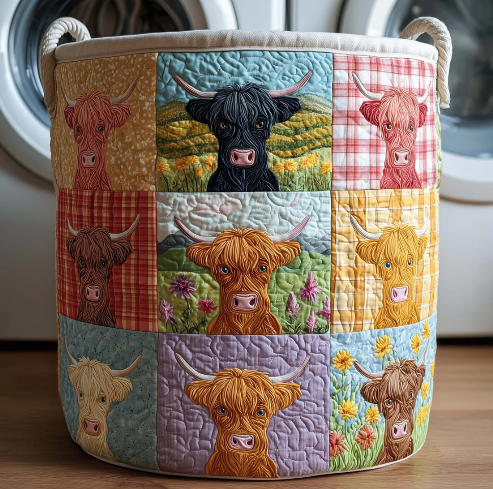 Charming Highland Cow Patchwork Pattern Quilted Laundry Basket Eco-Friendly Machine Washable Storage Bin for Home Farmhouse Decor Organization | Cow