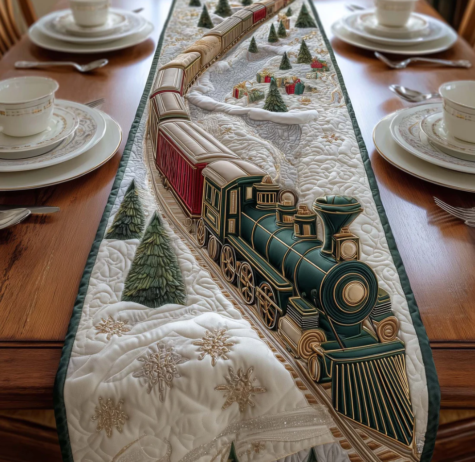 Winter Express Journey Quilted Table Runner - Eco-Friendly & Machine Washable | Train