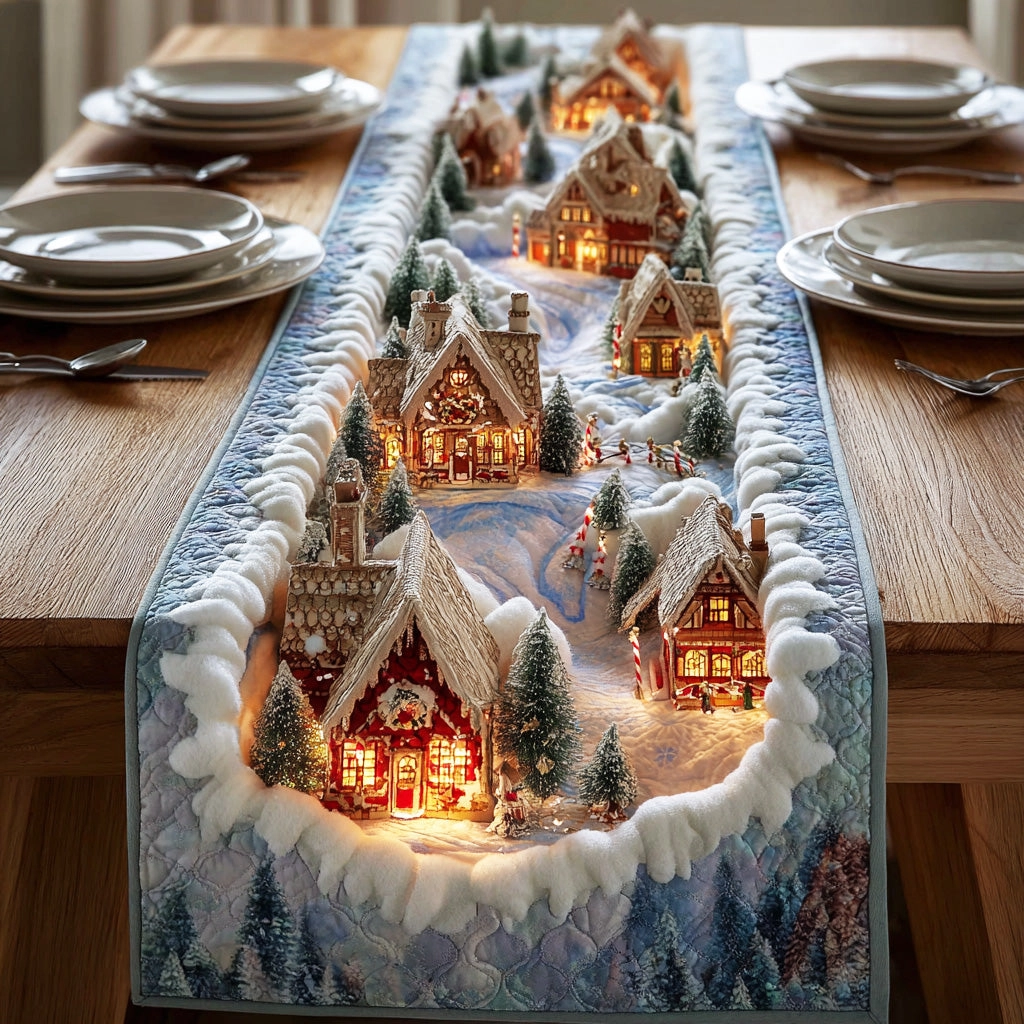 Christmas Village Quilted Table Runner – Storybook Winter Wonderland 🎄🏠❄️