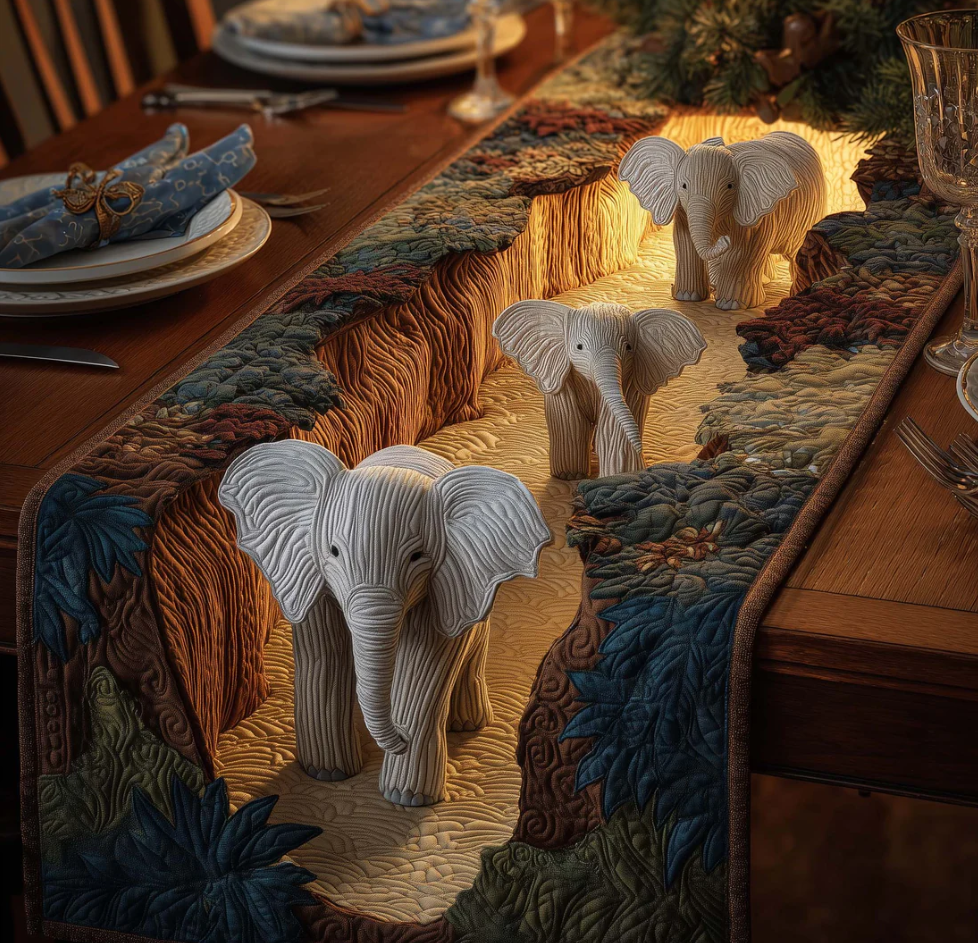 Forest Giant Quilted Table Runner Sunset Elephant Pattern Dining Table Flag for Home Decor | Elephant