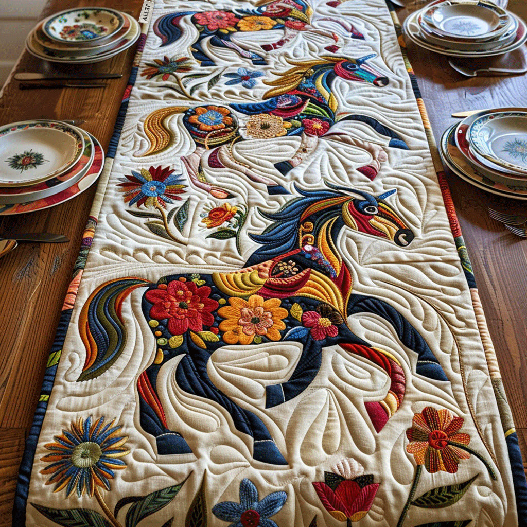 Fiesta Floral Horses Quilted Table Runner 🐎🌺✨