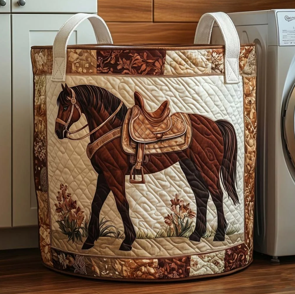 Rustic Western Horse & Saddle Pattern Quilted Laundry Basket Eco-Friendly Machine Washable Storage Bin for Home Ranch Style Decor Organization | Horse