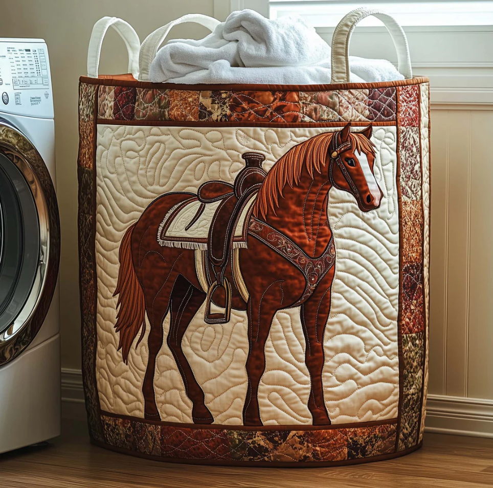 Rustic Western Horse & Saddle Pattern Quilted Laundry Basket Eco-Friendly Machine Washable Storage Bin for Home Ranch Style Decor Organization | Horse