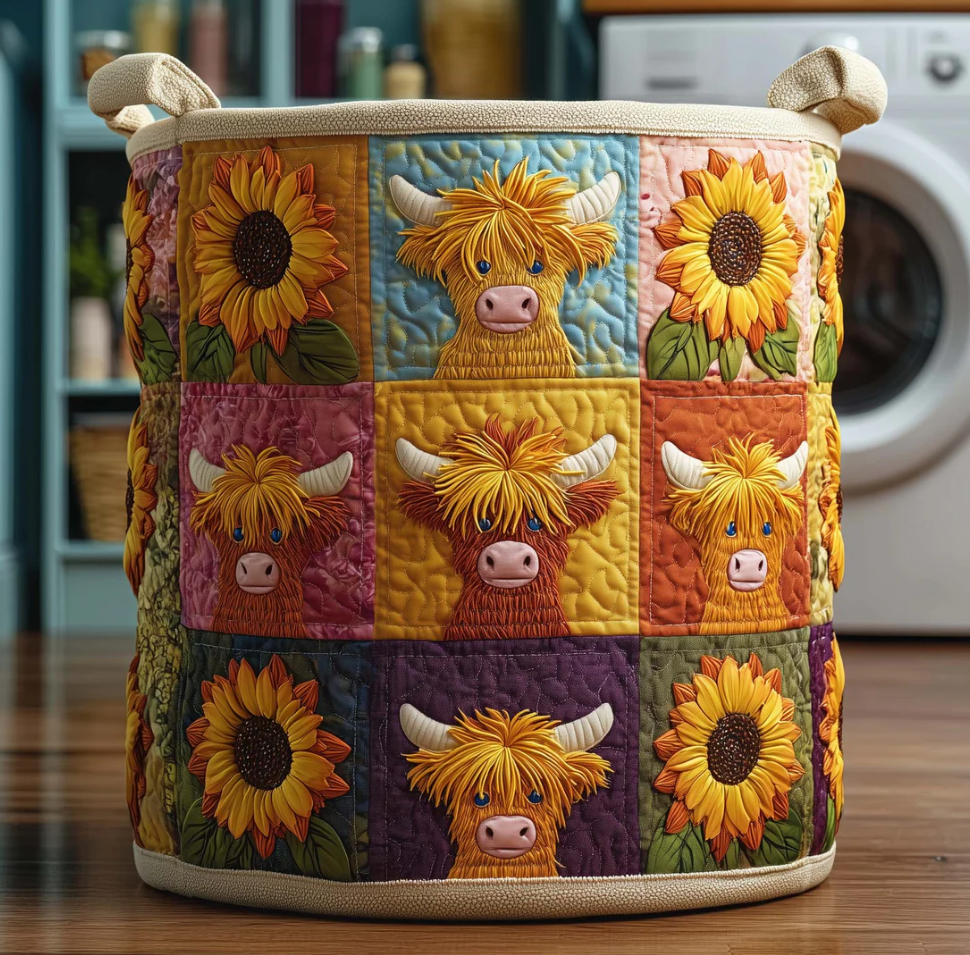 Charming Highland Cow Patchwork Pattern Quilted Laundry Basket Eco-Friendly Machine Washable Storage Bin for Home Farmhouse Decor Organization | Cow