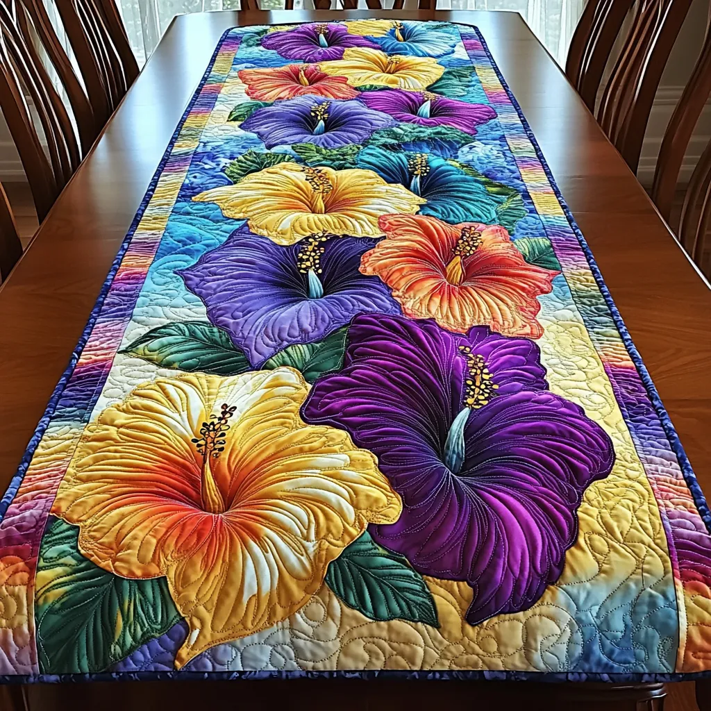 Rainbow Hibiscus Garden Quilted Table Runner 🌈🌺✨