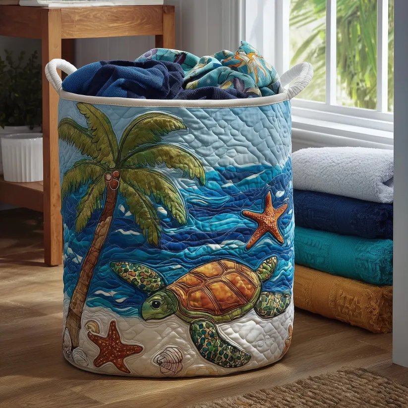 Turtle and Ocean Quilted Laundry Basket