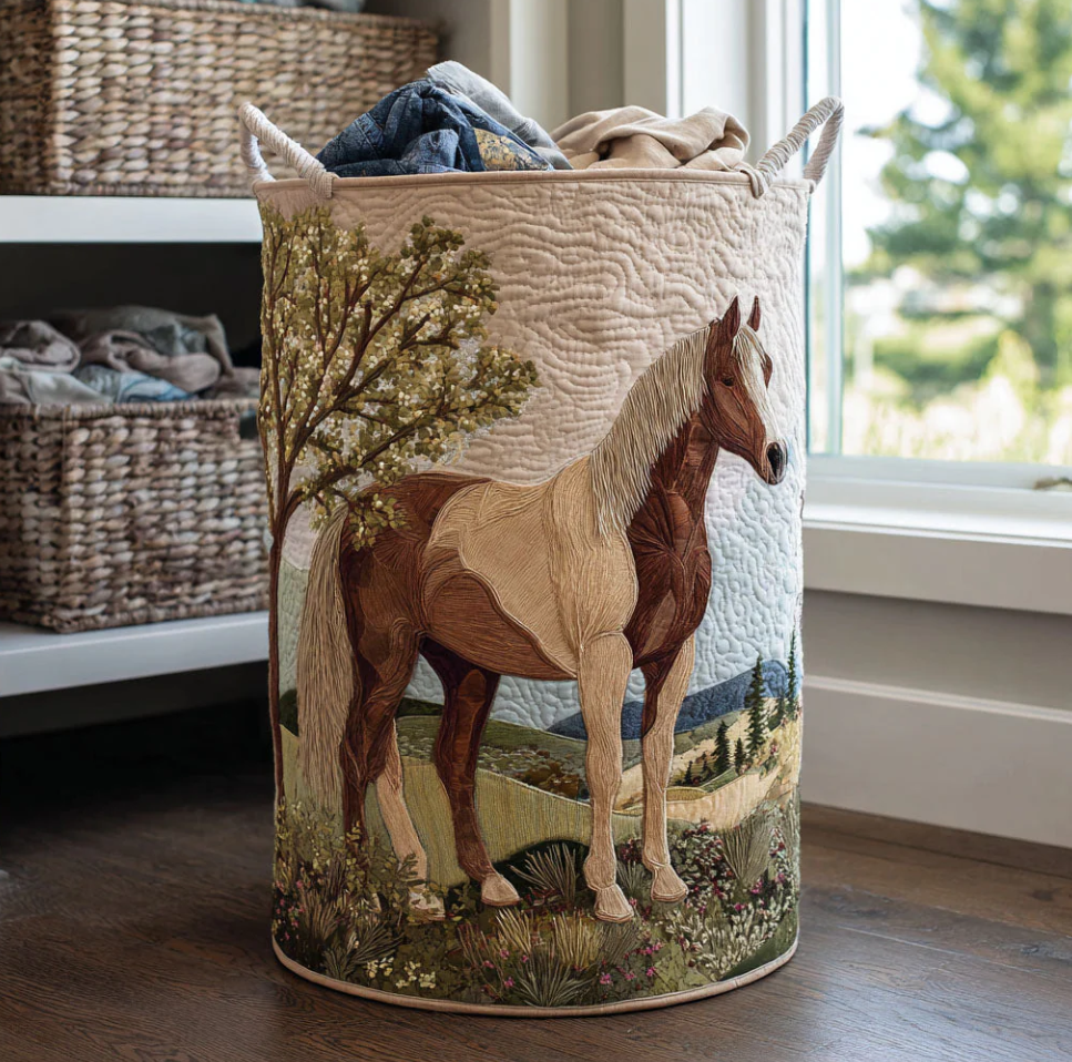 Artistic Galloping Horse Pattern Quilted Laundry Basket Eco-Friendly Machine Washable Storage Bin for Home Rustic Countryside Decor Organization | Horse
