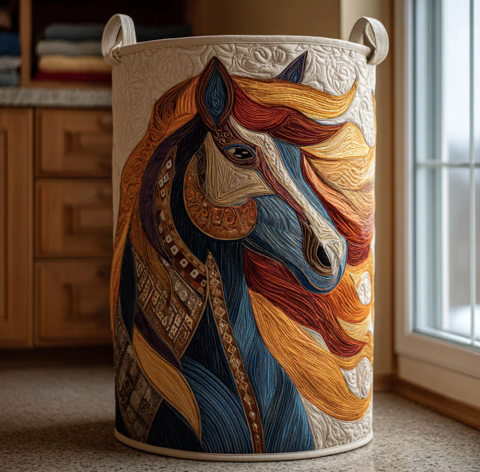 Artistic Galloping Horse Pattern Quilted Laundry Basket Eco-Friendly Machine Washable Storage Bin for Home Rustic Countryside Decor Organization | Horse