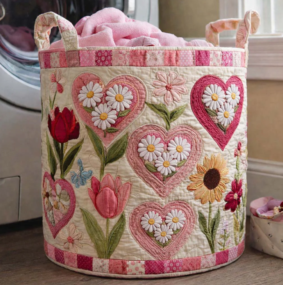 Romantic Floral Heart Patchwork Pattern Quilted Laundry Basket Eco-Friendly Machine Washable Storage Organizer for Home Bedroom Decor | Heart