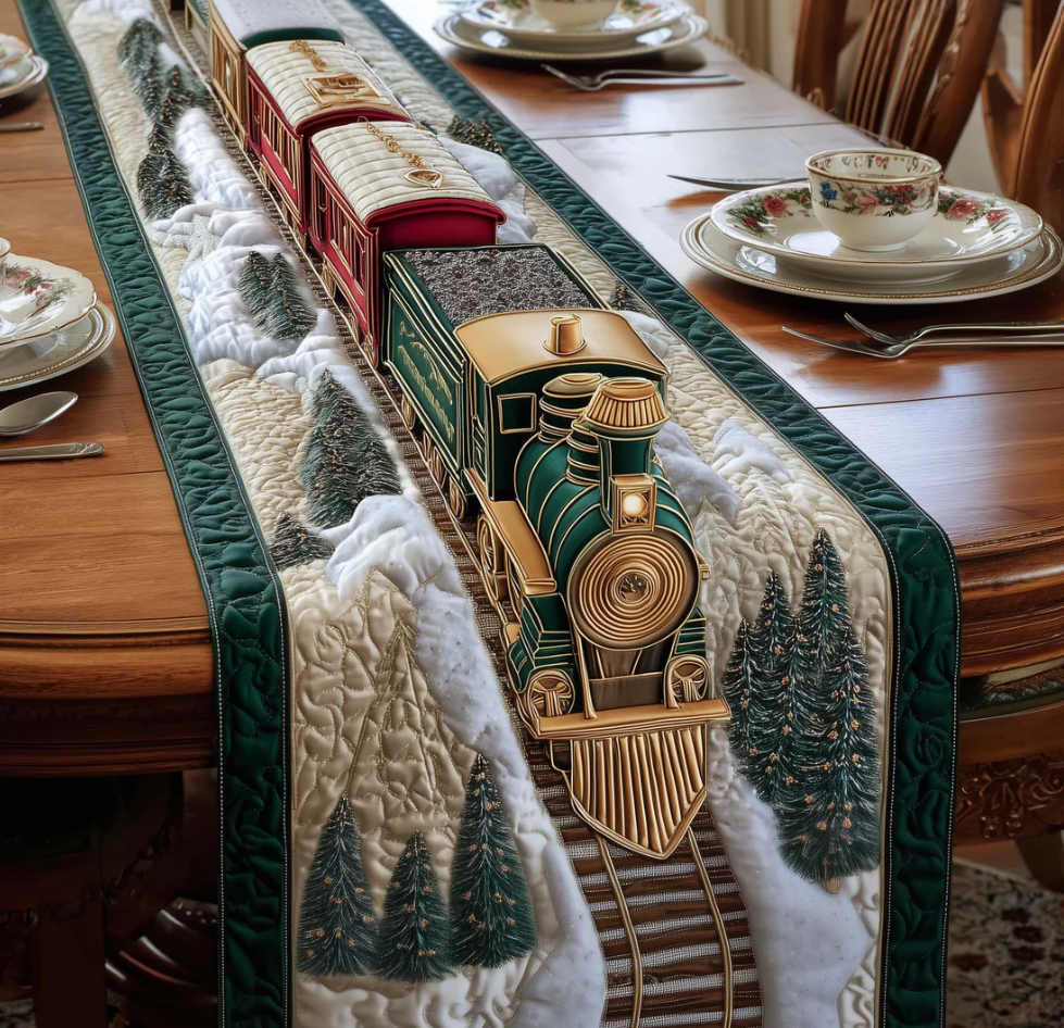 Vintage Train Journey Pattern Quilted Table Runner with Soft Texture | Train