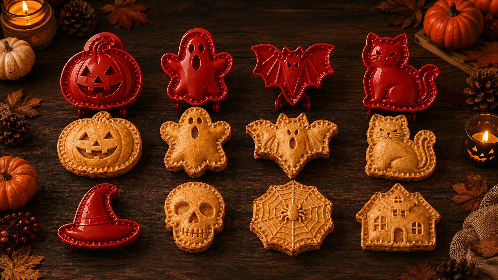 Suggested image: close-up of eight Halloween pie mold shapes displayed together