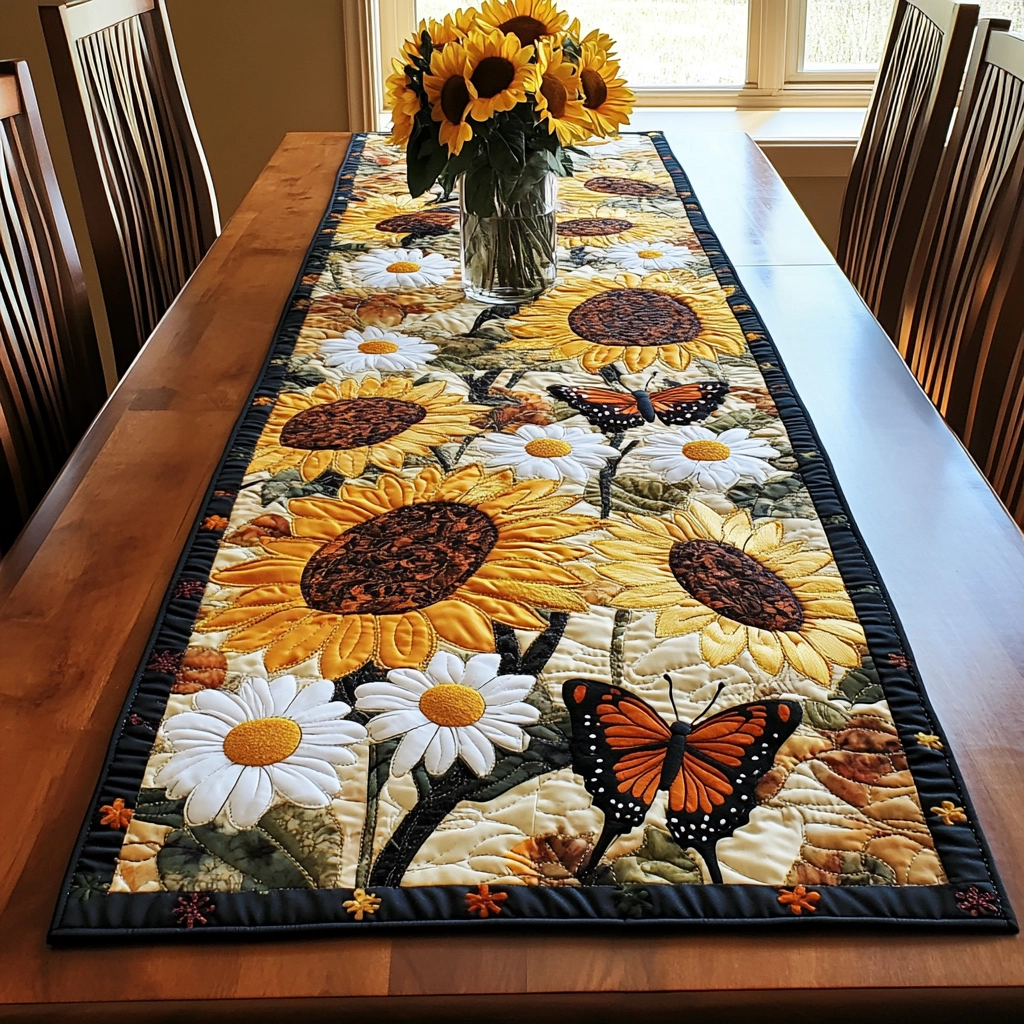 Sunflower Meadow Butterflies Quilted Table Runner 🌻🦋✨