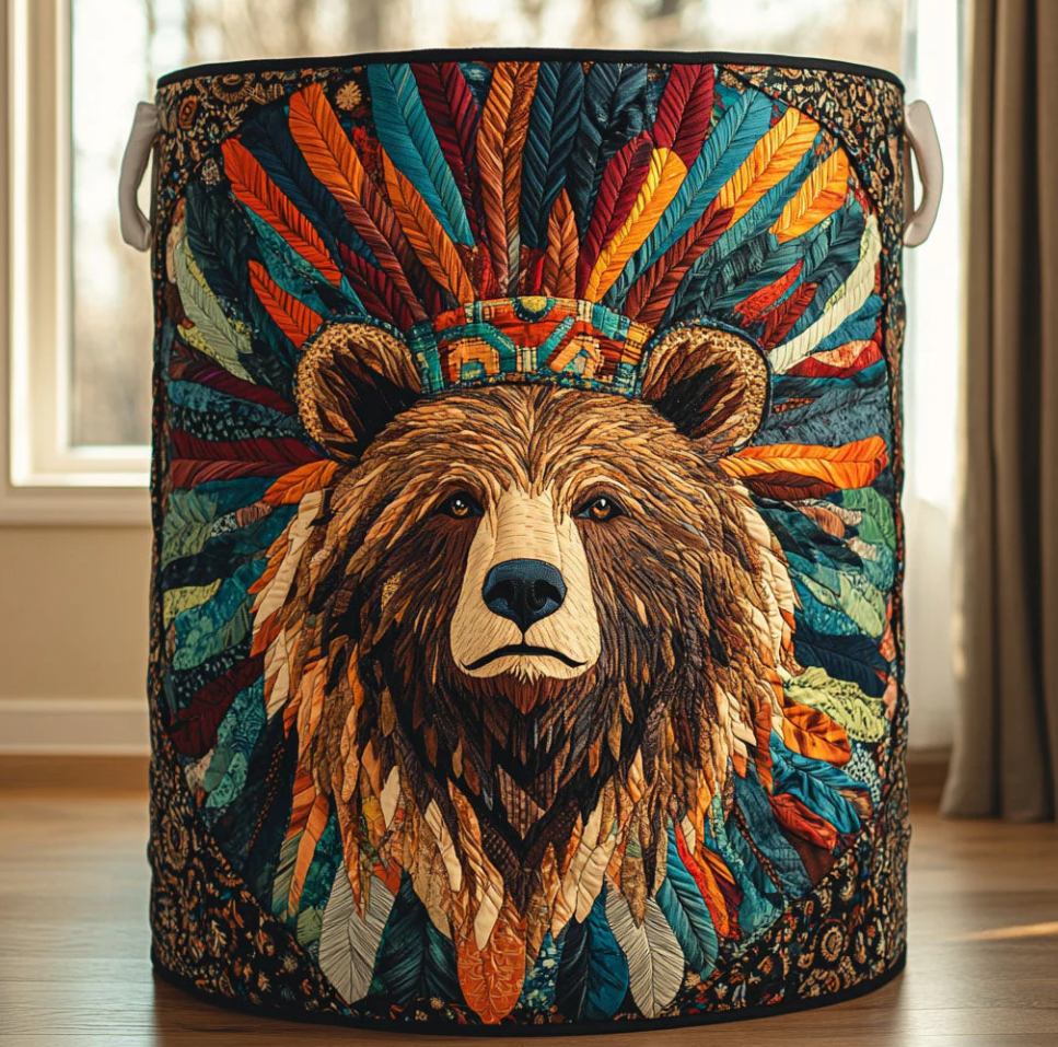 Vibrant Tribal Bear Pattern Quilted Laundry Basket Eco-Friendly Machine Washable Storage Bin for Home Rustic Cabin Decor Organization | Bear