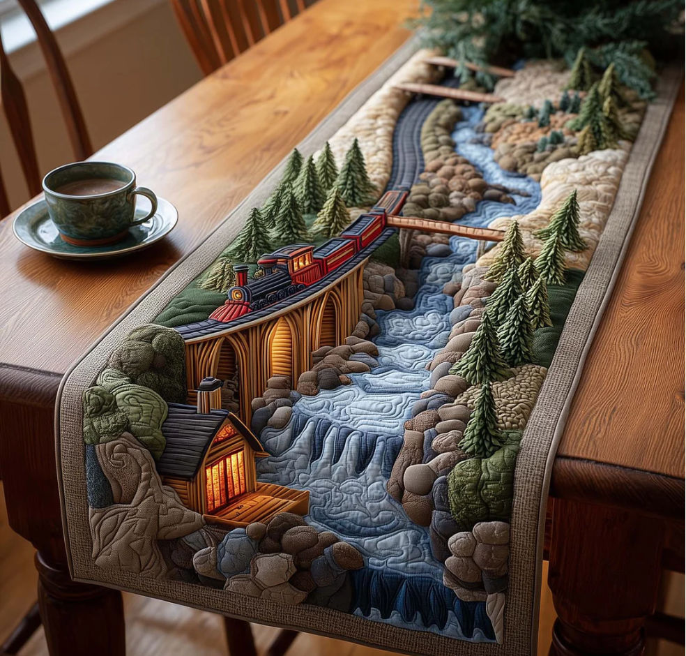 Railway Journey Quilted Table Runner Forest Railway Stream Pattern Dining Table Flag for Home Decor | Forest Railway