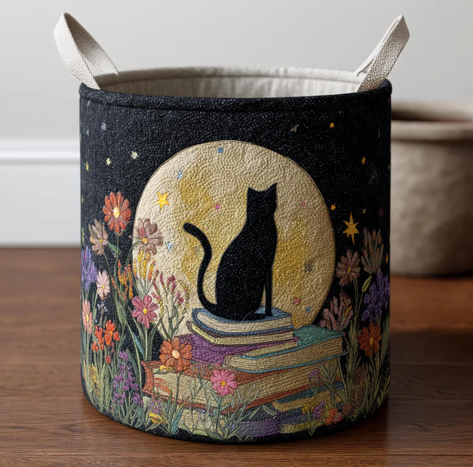 Artistic Black Cat Pattern Quilted Laundry Basket Eco-Friendly Machine Washable Storage Organizer for Home Cat Lover Room Decor | Cat
