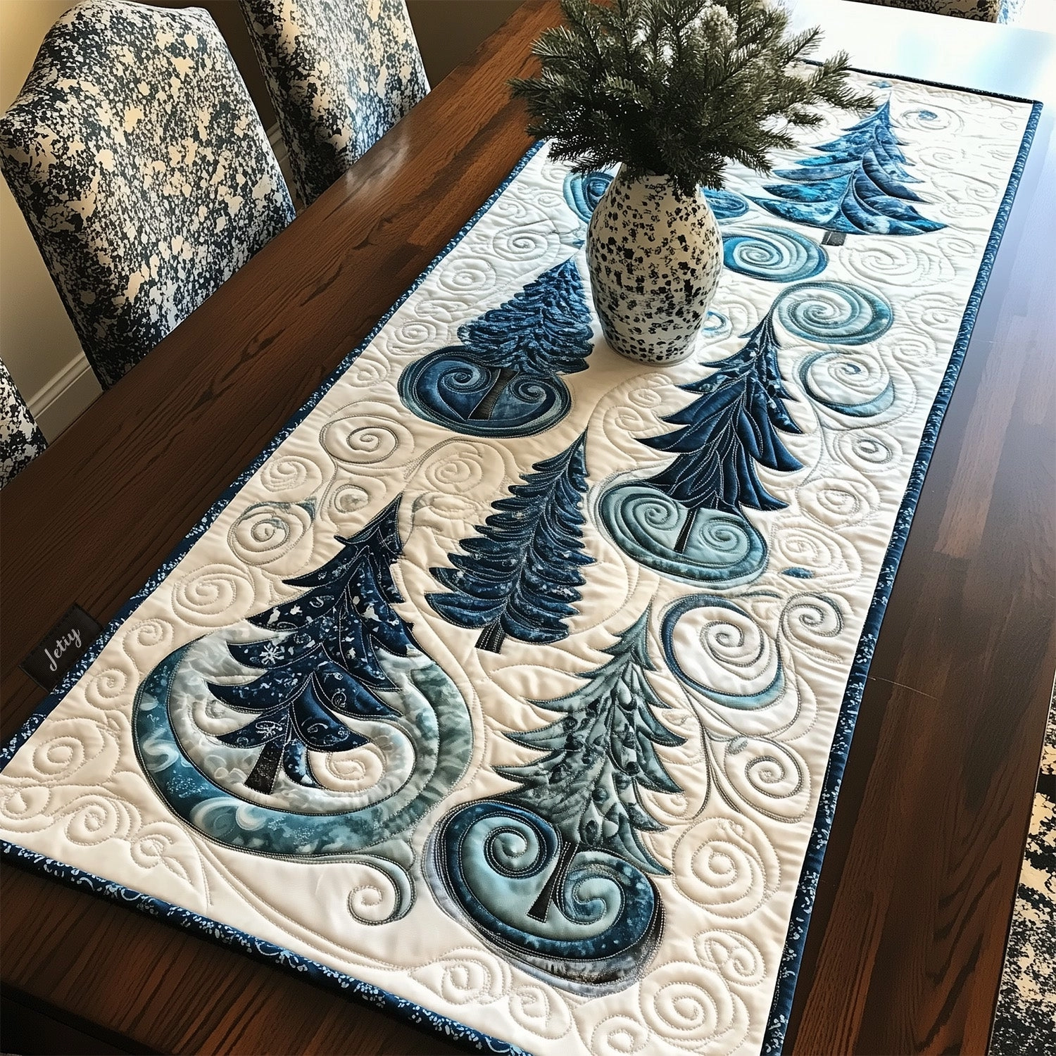 Winter Blue Swirl Pines Quilted Table Runner 🌲❄️💙✨
