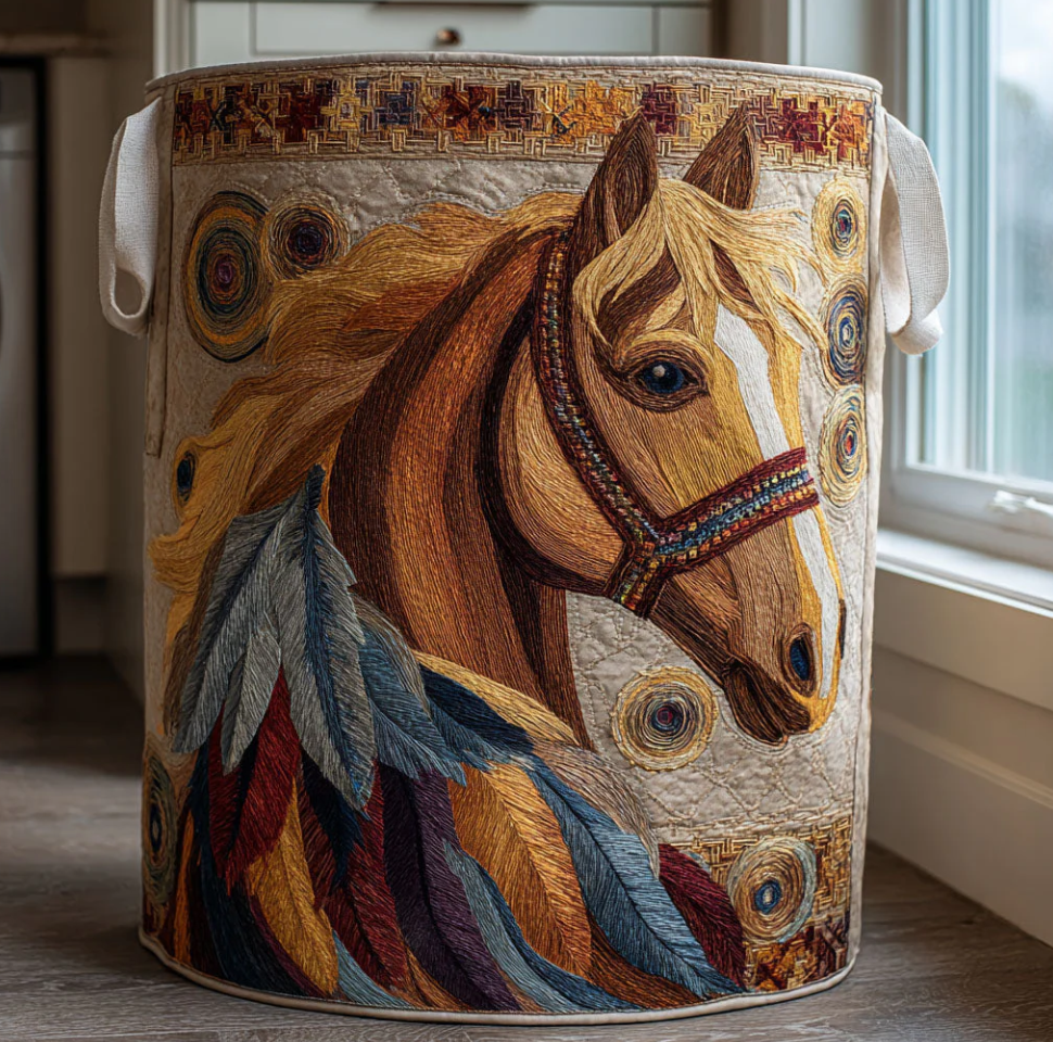 Artistic Galloping Horse Pattern Quilted Laundry Basket Eco-Friendly Machine Washable Storage Bin for Home Rustic Countryside Decor Organization | Horse