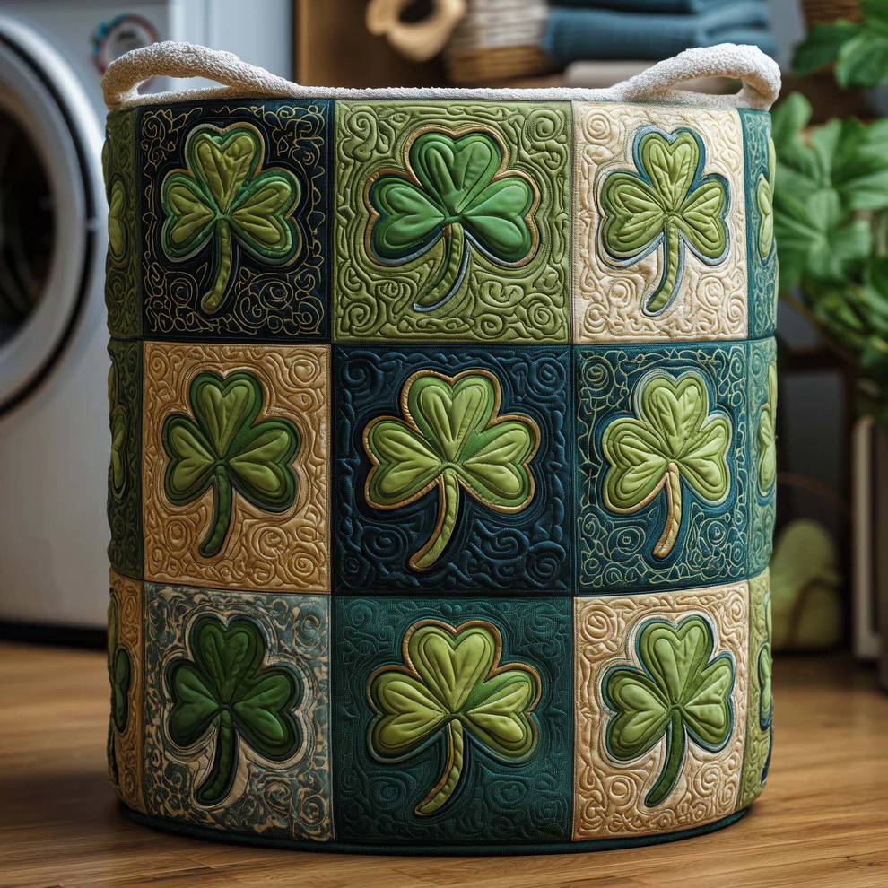 Rustic Patchwork & Folk Art Style Clover Quilted Laundry Basket with Large Four-Leaf Clover & Colorful Checkered Clover Patterns | Clover