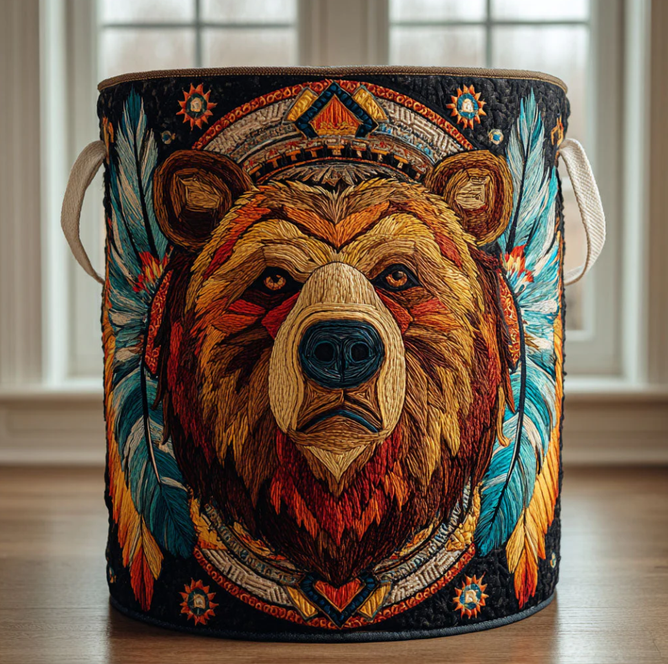 Vibrant Tribal Bear Pattern Quilted Laundry Basket Eco-Friendly Machine Washable Storage Bin for Home Rustic Cabin Decor Organization | Bear