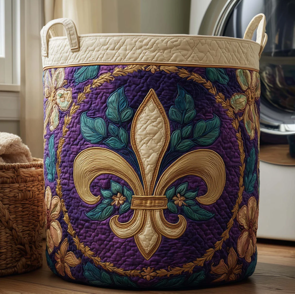 Luxurious Mardi Gras Fleur-de-lis Pattern Quilted Laundry Basket Eco-Friendly Machine Washable Storage Organizer for Home Carnival Themed Decor | Mardi Gras Fleur-de-lis