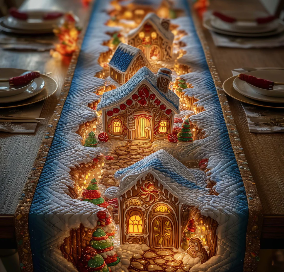 Gingerbread House Print Quilted Table Runner - Machine Washable Home Decor | House