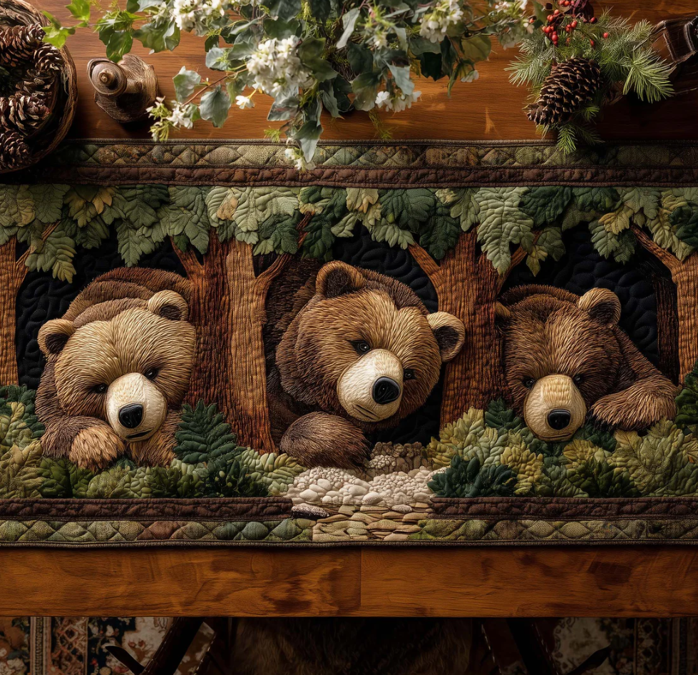 Woodland Bear Family Pattern Handcrafted Eco-Friendly Quilted Table Runner | Bear