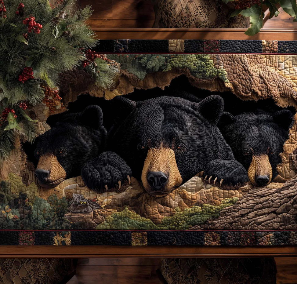 Bear Forest Spirit Quilted Table Runner Black Bear Pattern Dining Table Flag for Home Decor | bear