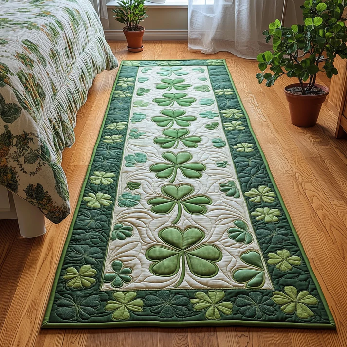 Fresh Farmhouse Style Irish Shamrock & Ombre Green Pattern Quilted Runner Rug with Cozy Rustic Decor | Irish Shamrock