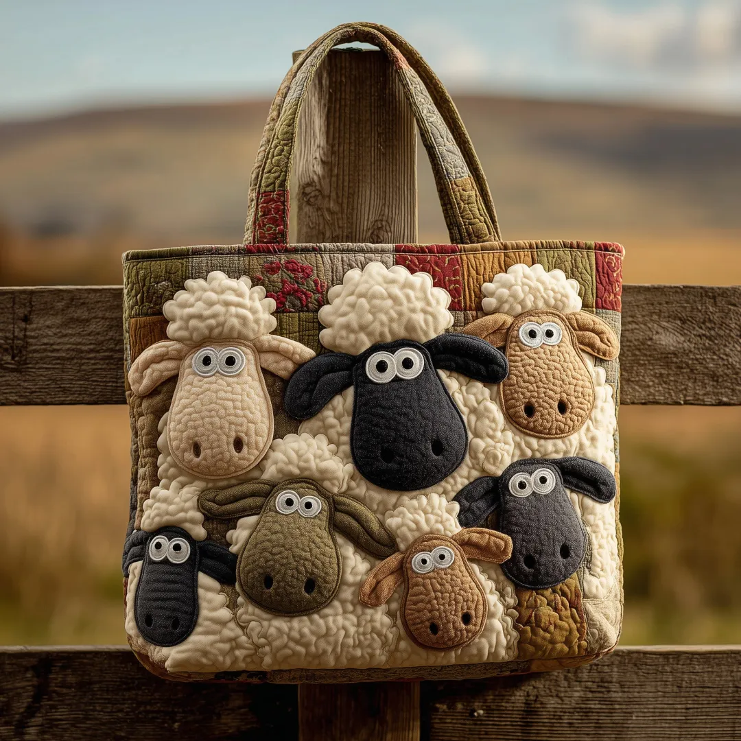 Rustic Cozy Style 3D Sheep Applique & Patchwork Border Whimsical Sheep Quilted Tote Bag