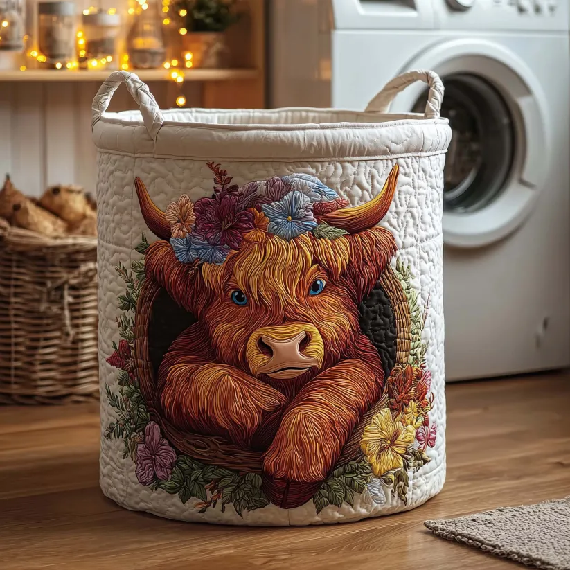 Highland Cattle Quilted Laundry Basket