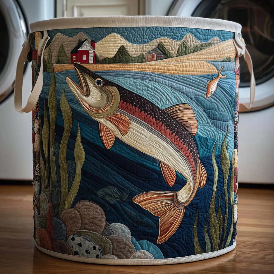 Vivid Freshwater Fish & Lakeside Pattern Quilted Laundry Basket Eco-Friendly Machine Washable Storage Organizer for Home Angler Decor | Fish