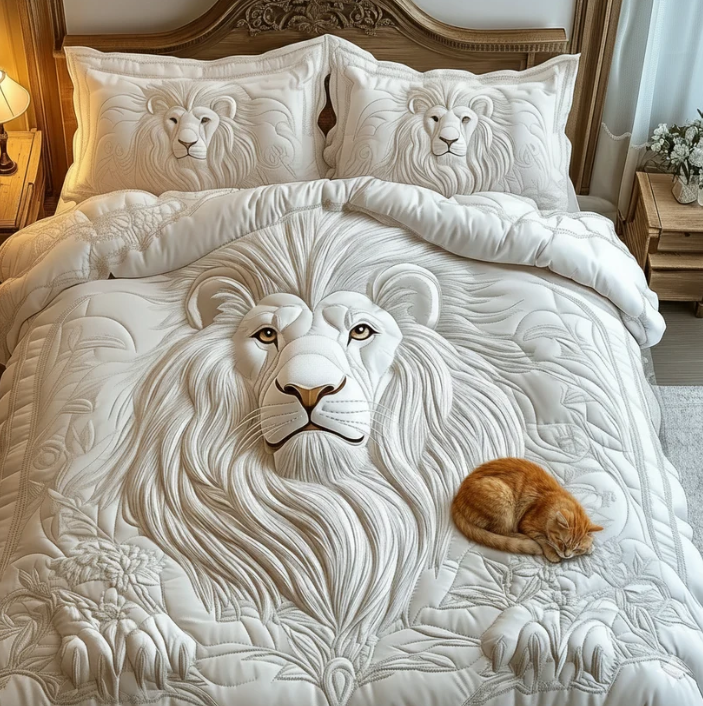 3D Embossed White Lion 3-Piece Quilted Bedding Set