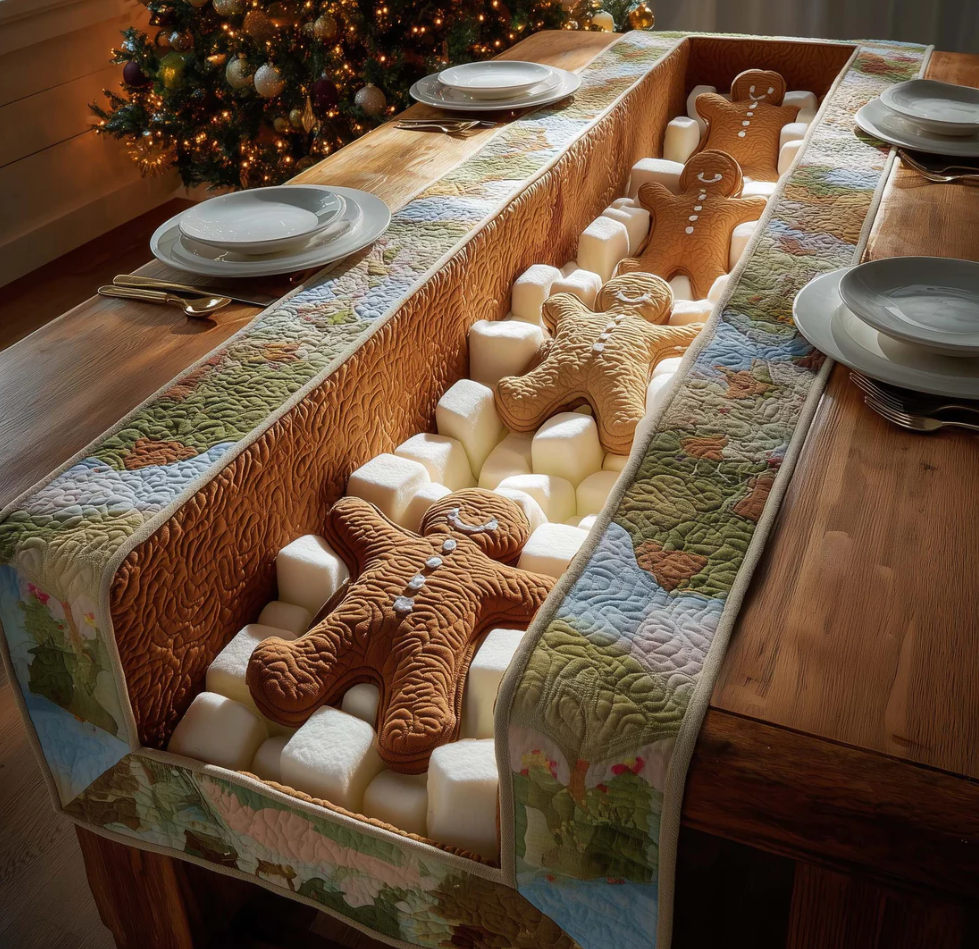 Marshmallow Lane Quilted Table Runner Gingerbread Man Marshmallow Path Pattern Dining Table Flag for Home Decor | Gingerbread Man