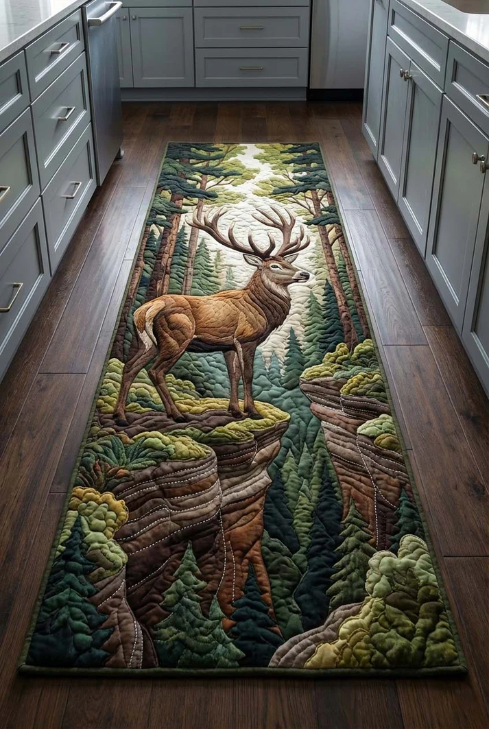 Rustic Wilderness Style Majestic Deer & Forest Canyon Pattern Quilted Runner Rug with Earthy Outdoor Decor |  Deer