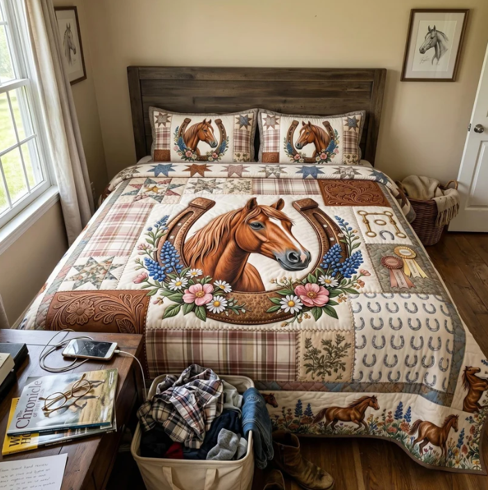 Western Horse Horseshoe 3-Piece Quilted Bedding Set