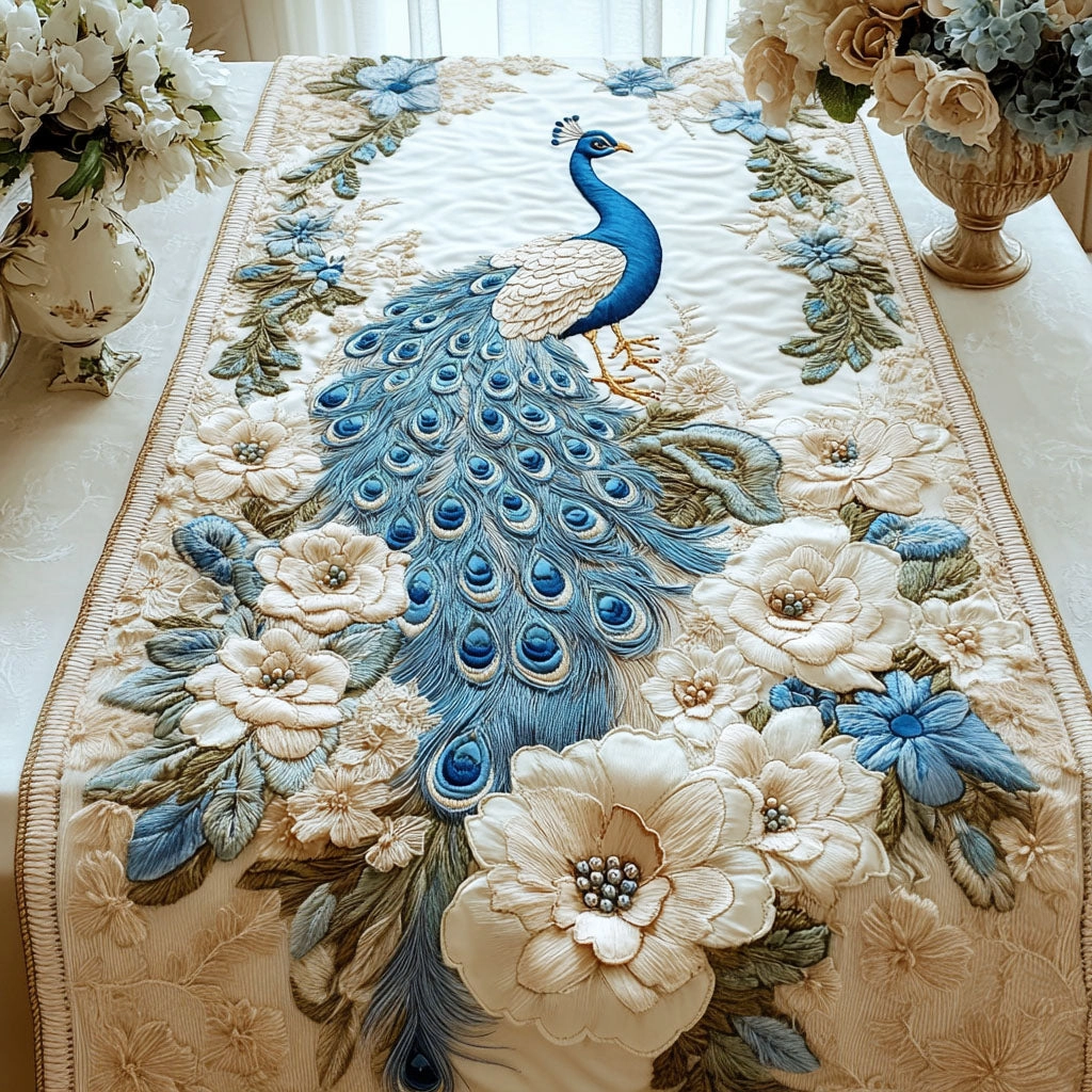 Serene Blue Peacock Quilted Table Runner 🦚💙✨