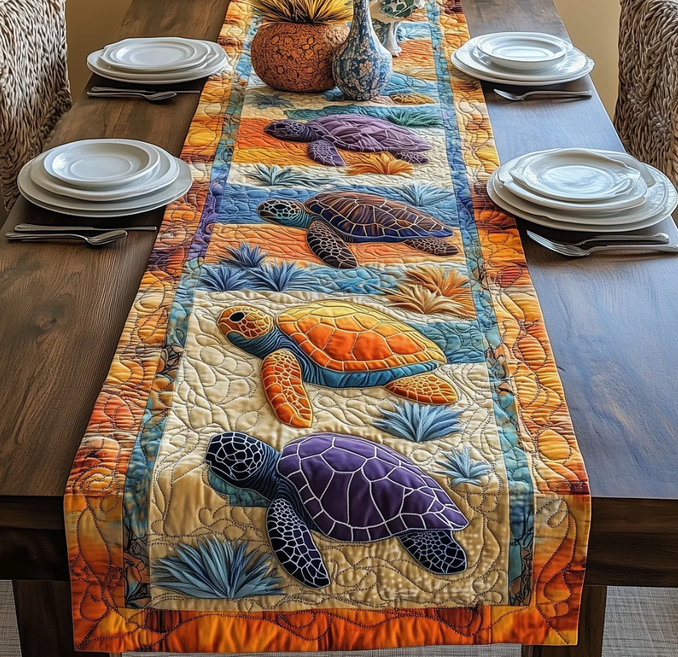 Vibrant Sea Turtle Pattern Eco-Friendly Handcrafted Quilted Table Runner |  Turtle