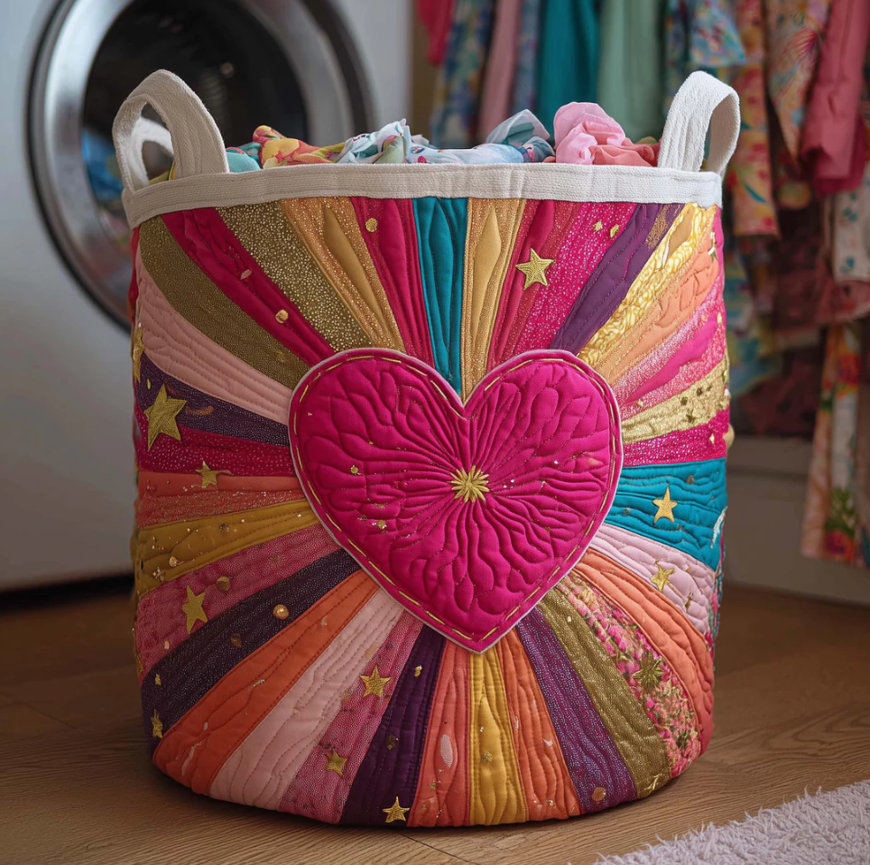 Romantic Floral Heart Patchwork Pattern Quilted Laundry Basket Eco-Friendly Machine Washable Storage Organizer for Home Bedroom Decor | Heart