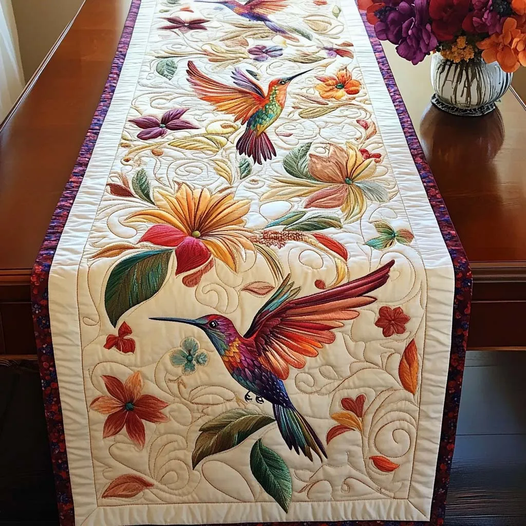 Sunrise Hummingbird Garden Quilted Table Runner 🌸🐦✨
