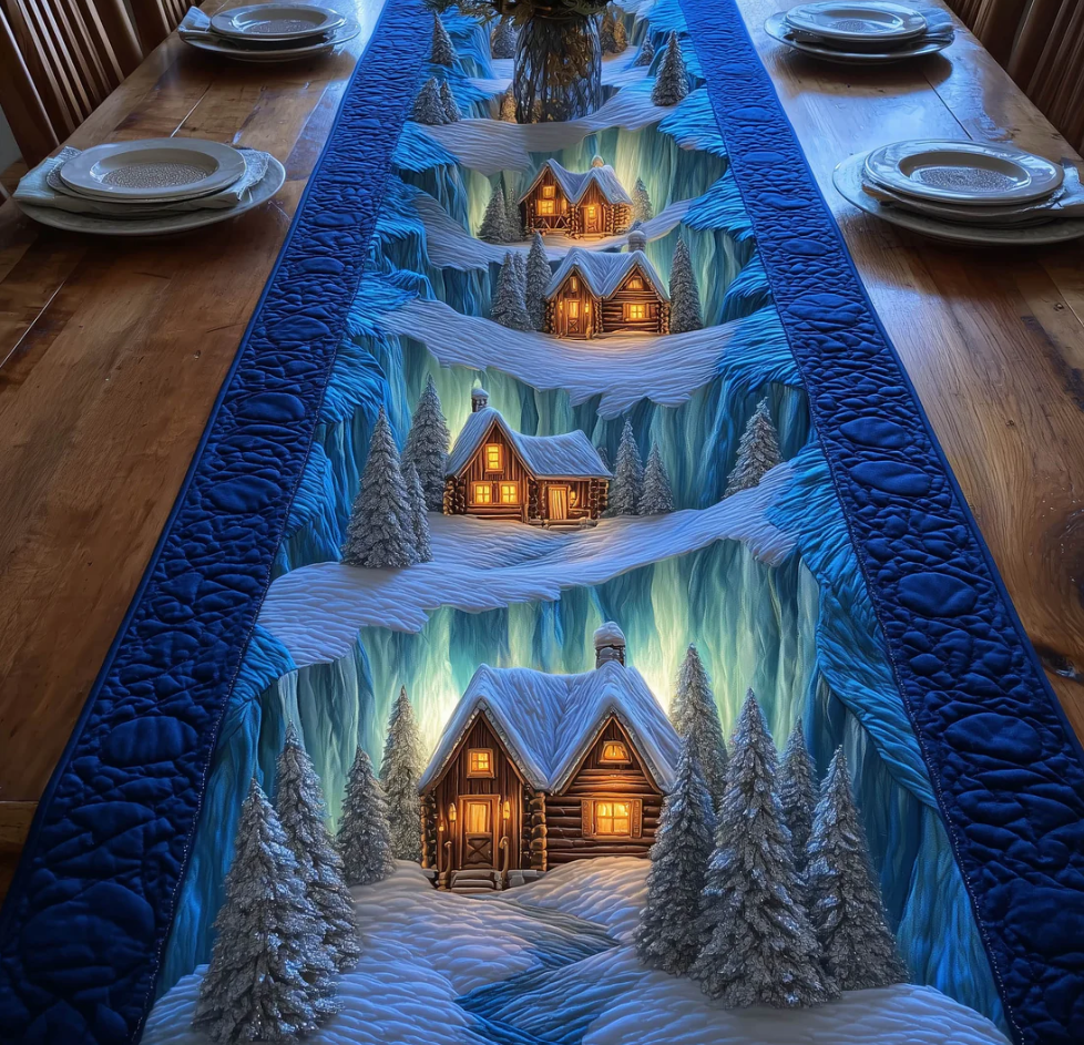 Snowy Village Aurora Pattern Quilted Table Runner - Eco-Friendly & Machine Washable | House