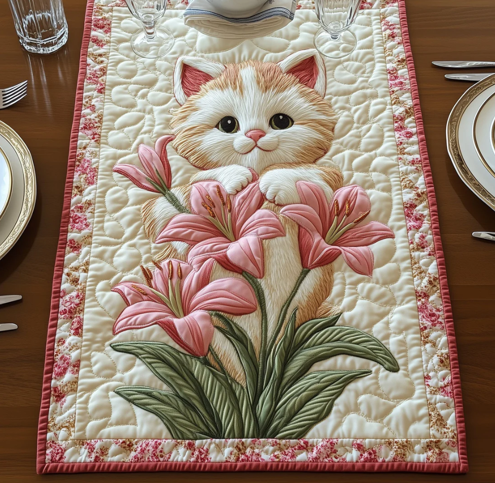 Cute Kitten & Lily Floral Pattern Handcrafted Eco-Friendly Quilted Table Runner | Cat